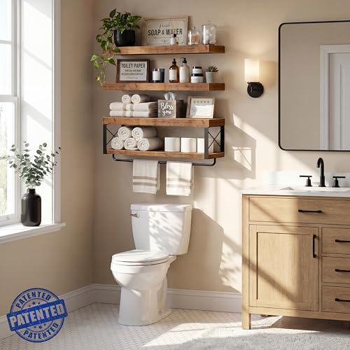 QEEIG Bathroom Shelves Over Toilet - Floating Shelf for Wall Toilet Paper Storage Farmhouse 24 inch Long Set of 3, Rustic Brown (029-60BN3) - Image 4