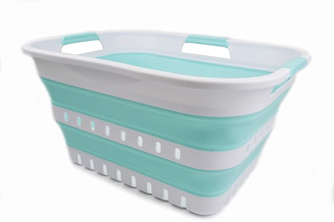 SAMMART 30L (8 Gallon) Collapsible 3 Handled Plastic Laundry Basket - Foldable Pop Up Storage Container/Organizer - Space Saving Hamper/Basket (White/Lake Green) by SAMMART