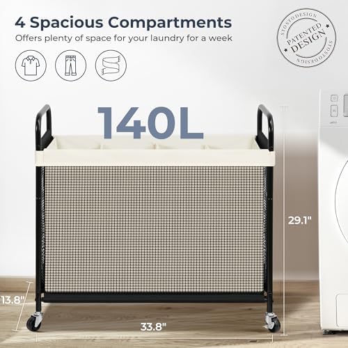 STO STO Laundry Hamper 4 Section, 140L Rolling Laundry Sorter Cart with Removable and Washable Liner Bag, Clothes Hamper with Wheels and Metal Handle for Laundry Room and Bedroom, Beige - Image 5