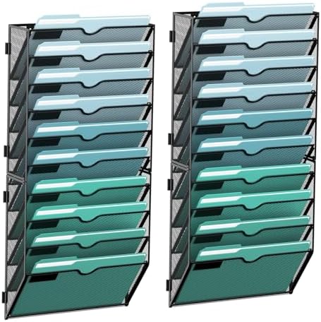 SUPEASY 10-Tier Wall File Organizer, Hanging Wall Files for Papers, Folders, Magazines, Wall Organizer for Clipboard, Assembly Needed, Black, 2 Pack by SUPEASY