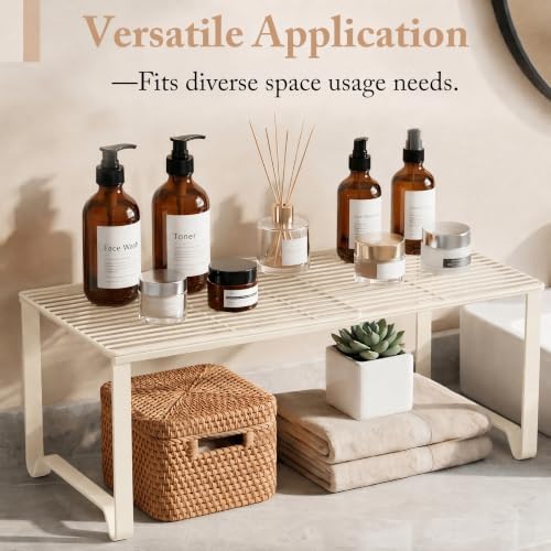 Extendable Metal Wire Shelf Organizer - Adjustable 15-24.4in Length, Stackable Storage Rack for Kitchen/Pantry/Bathroom/Shoe Cabinet/Tool Closet (1, Cream) - Image 4