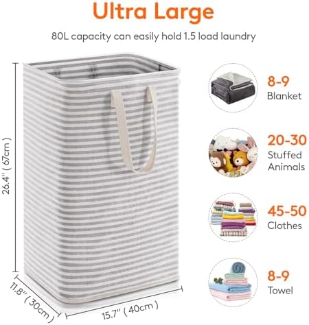 Lifewit 1 Pack Laundry Basket 80L Each, Collapsible Clothes Hamper with Reinforced Handles, Freestanding Waterproof Design for Bedroom and Laundry Room, Grey 80L Total - Image 3