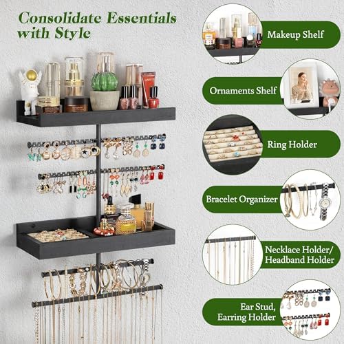 Keebofly Wall Mounted Jewelry Organizer with 2 Tired Shelves & Ring Holder- Jewelry Holder Wall Storage Display for Earrings, Necklace, Bracelet in Bathroom Bedroom, Black - Image 2
