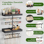 Keebofly Wall Mounted Jewelry Organizer with 2 Tired Shelves & Ring Holder- Jewelry Holder Wall Storage Display for Earrings, Necklace, Bracelet in Bathroom Bedroom, Black - Image 2