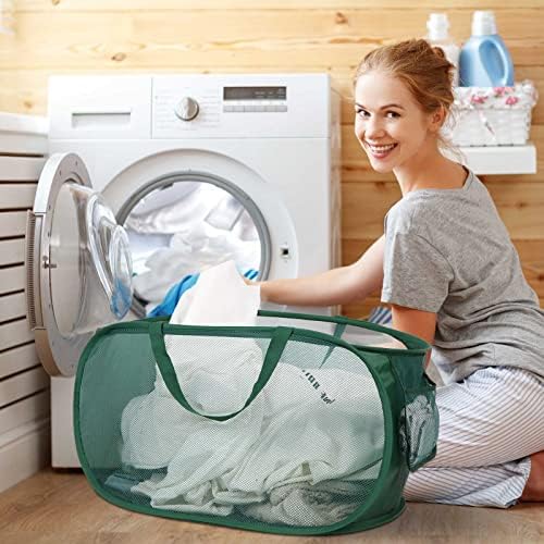 Sturdy Mesh Pop Up Laundry Hamper, Collapsible Laundry Baskets with Side Pocket, Foldable Clothes Hamper with Reinforced Carry Handles for Laundry, Bathroom, Kids Room, Dorm or Travel 2 Pack Emerald - Image 2