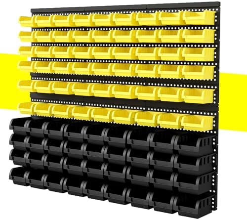 90Pcs Plastic Wall Mounted Storage Bins Parts Rack Nuts And Bolt Bins Organizer For Shop Garage for Screws, Nuts, Bolts, Nails, Beads, and Small Hardware Parts(YELLOW+BLACK, 90) by Unknown