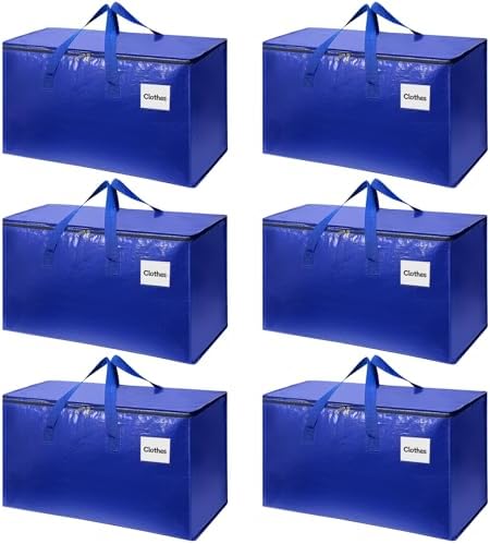 6 Pack Extra Large Heavy Duty Moving Bags with Reinforced Zippers & Wide Carry Handles, Durable Storage Totes for Clothes Packing, Dorm Moves & Home Organization, Blue by YeueysMovingEasy