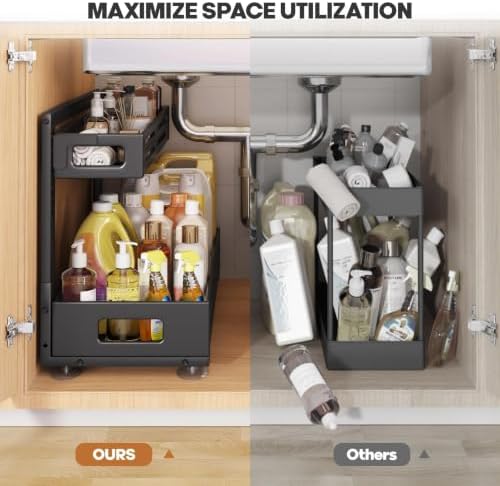 2 Pack 21IN-Depth Under Sink Organizer,Pull Out Cabinet Organizer With Smooth Cylindrical Rail,Metal Slide Out Drawer for Kitchen Bathroom Laundry,8-Level Tool Free Height Adjustable-Black - Image 6