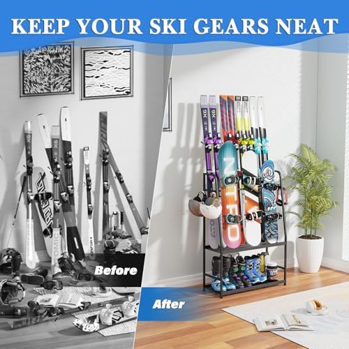Ski Rack for Garage,Freestanding Snowboard Rack for Ski,Snowboard, Ski Boot,Poles, Goggles, Helmet and More, Heavy Duty Steel Floor Stand Ski Organizer for Garage Basement - Image 4