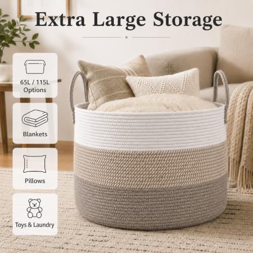 JMvicyroam 65L Extra Large Machine Washable Cotton Rope Blanket Basket - Image 2
