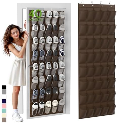 Over the Door Shoe Organizer with 40 Large Breathable Mesh Pockets, Space Saving Shoe Holder, Hanging Shoe Rack for Entryway Bedroom Closet Storage (Brown, 40 Pockets) by Unjumbly