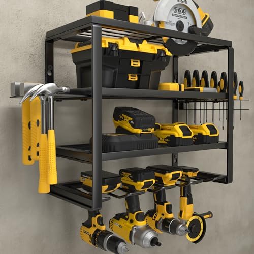 YYR 4 Layer Power Tool Organizer Wall Mount, Cordless Drill Hanger Storage Rack, Battery Tools Holder with Charging Station Shelf for Garage Organization, Workshop, Pegboard, Shed - 16 Inch 4 Slots by YYR