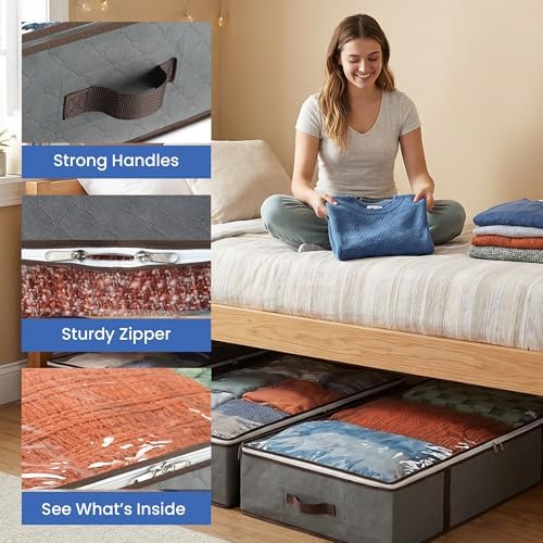 Underbed Storage Bags 4-Pack - Foldable Under Bed Storage Organizer for Clothes, Bedroom Blankets, Comforter, Pillows, Linen Sheets, Towels, Sweaters, Shoe Drawers - Ideal for College Dorms (Grey) - Image 4