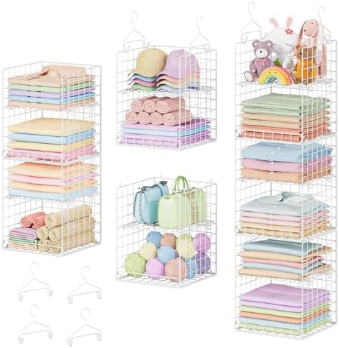 Yuyetuyo 6 Tier Raised-Height Hanging Closet Organizer, Stackable Sweater Organizer for Closet, Wire Storage Basket Bins for Clothes Purse Shoes, Hanging Shelves with 4 Hooks & 3 Dividers Adjustable by Yuyetuyo