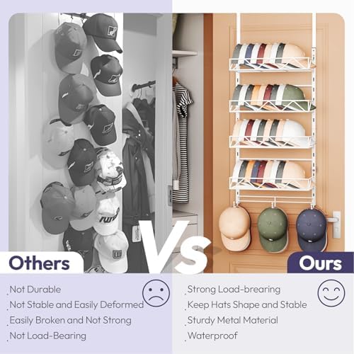 SWTYMIKI Over Door Hat Organizer - 5 Tier Wall Mounted Hat Rack with 4 Adjustable Metal Basket and 3 Hooks, Hanging Baseball Cap Organizer Storage Holds up to 49 Caps for Door, Bedroom, Closet - Image 4