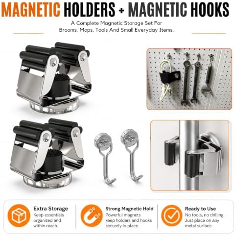 3-H 2 Pack Magnetic Broom Holder with 2 Pack Mini Magnetic Hooks,Silver - Image 6