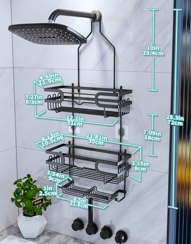 HapiRm Bathroom Hanging Shower Caddy - Rustproof & Waterproof Shower Shelf with 12 Hooks and 2 Soap Holders, No Drilling Bathroom Organizers and Storage - Black - Image 2