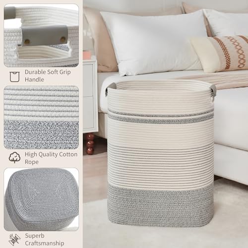 AINUOQI Laundry Basket with Handles - Blanket Basket & Hampers for Bedroom Aesthetic, Laundry Hamper & Blanket Storage for Living Room, Clothes Hamper, Tall, Large 17" x 14" x 22”, Grey & White - Image 4