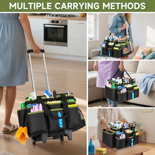 Large Rolling Cleaning Caddy Bag with Detachable Trolley,Cleaning Cart on Wheels with Shoulder Strap,Cleaning Supplies Organizer for Housekeepers,Green - Image 5