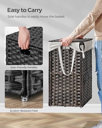 SONGMICS Laundry Hamper with Lid, 23.8 Gallon (90 L) Synthetic Rattan Clothes Laundry Basket with Lid and Handles, Foldable, Removable Liner, Chestnut Brown ULCB051K02 - Image 4