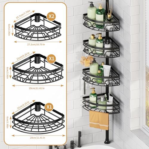 DAOYA Tension Pole Shower Caddy with Towel Bar - Corner Shower Caddy, Black - Image 6