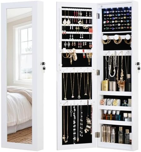 Full Length Mirror Jewelry Cabinet Organizer Lockable Door Wall-Mounted Jewelry Armoire with Shelves and Behind-the-Door Storage - White by MASMIRE