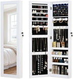 Full Length Mirror Jewelry Cabinet Organizer Lockable Door Wall-Mounted Jewelry Armoire with Shelves and Behind-the-Door Storage - White by MASMIRE