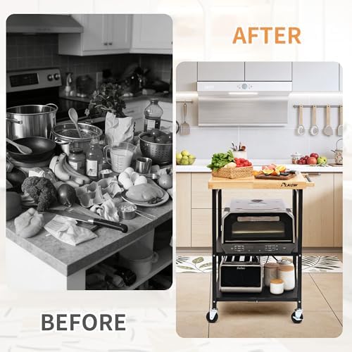 PLKOW Foldable 3-Tier Rolling Kitchen Cart with Solid Oak Top, Black - Image 7