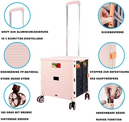 Foldable Utility Cart Folding Portable Rolling Crate Handcart Shopping Trolley Wheel Box with Lid Wear-Resistant Noiseless 360°Rotate Wheel for Travel Shopping Moving Storage Office (Pink) - Image 6