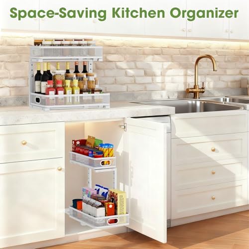 Under Sink Organizer 4-Pack, Metal 2-Tier Pull-Out Cabinet Shelf with Slide-Out Mesh Drawers, Height Adjustable, Space-Saving Storage Racks for Kitchen, Bathroom, Laundry Room, White - Image 6