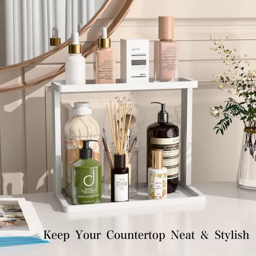 PEKER Bamboo Bathroom Organizer Countertop – Small Vanity Storage Shelf for Makeup, Perfume, Skincare – Natural Cosmetics Display Rack for Dresser, Sink, Kitchen –White - Image 2
