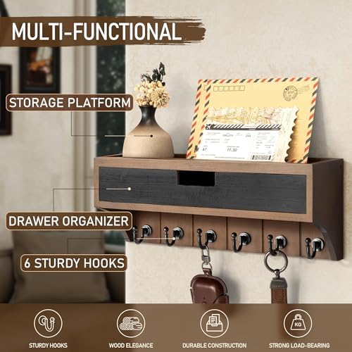 Rebee Vision Pine Wood Key Holder Wall Mount Home Decor, Brown & Black - Image 4
