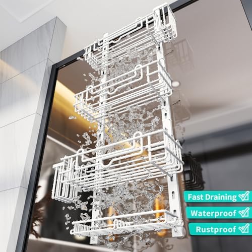 HapiRm 4 Tier Over the Door Shower Caddy, Hanging Shower Caddy with 22 Hooks and 2 Toothbrush Holders, No Drilling Adjustable Hanging Bathroom Organizer - White - Image 5
