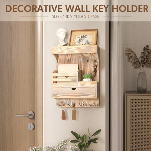 Rebee Vision Key Holder Wall Mount with Drawer for Entryway, Natural Wood - Image 4