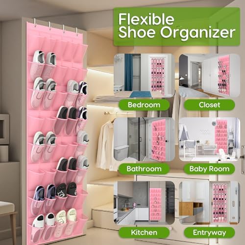 Over the Door Shoe Organizer with 40 Large Breathable Mesh Pockets, Space Saving Shoe Holder, Hanging Shoe Rack for Entryway Bedroom Closet Storage (Pink, 40 Pockets) - Image 3