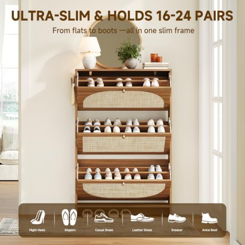 Nicetree Shoe Storage Cabinet for Entryway, Slim Arched Rattan Accent Shoe Cabinet with 3 Flip Drawers & 3-Tier Adjustable Shelves, Modern Boho Shoe Storage Cabinet, Narrow Shoe Rack for Small Spaces - Image 6