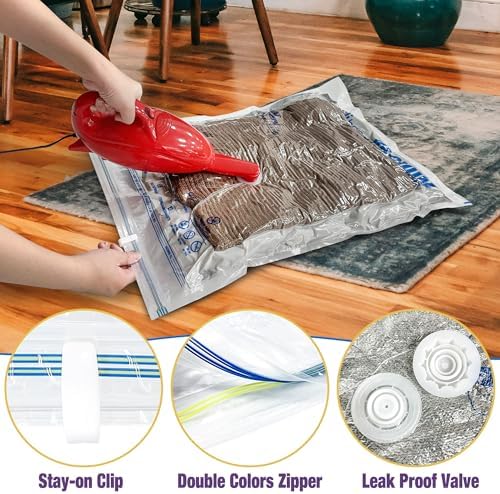 HIBAG Vacuum Storage Bags, 10-Pack Vacuum Seal Bags for Clothing Clothes, Space Saver Bags (2 Jumbo, 2 Large, 2 Medium, 2 Small, 2 Roll-up) with Pump (10-Combo) | Various Size, Airtight Triple Seal, Save 80% Space, Hand Pump, Work with Vacuum, Double Z... - Image 5
