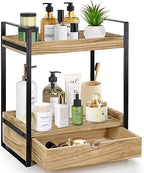 Ukonvi 2-Tier Bathroom Organizer Countertop with Drawer, Wood Counter Shelf for Storage, Vanity Tray for Organization and Decor, Countertop Organizer for Bathroom, Kitchen, Office (Brown) by Ukonvi