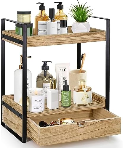 Ukonvi 2-Tier Bathroom Organizer Countertop with Drawer, Wood Counter Shelf for Storage, Vanity Tray for Organization and Decor, Countertop Organizer for Bathroom, Kitchen, Office (Brown) by Ukonvi