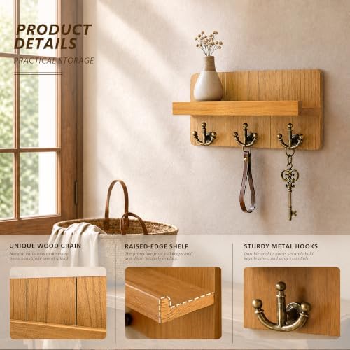 Rebee Vision Key Holder Wall Mount with 3 Hooks for Home Decor, Light Brown - Image 6