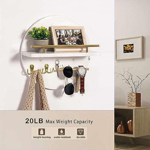 Key Holder for Wall Decorative with Shelf and Hooks, Mail Organizer Wall Mount with Sunglasses Holder, Circular Design Entryway Key Rack Hanger, Rustic Home Decor Boho Wall Decor (White) - Image 3