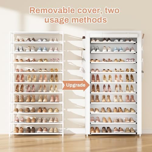 VTRIN Tall Shoe Rack with Cover, 10 Tier Shoe Organizer Storage for 50-55 Pairs Shoes and Boots Large Capacity Shoe Shelf with 8 Pockets Free Standing Shoe Rack for Closet, Entryway, Garage, White - Image 5