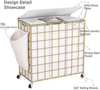 Laundry Basket with Wheels, Heavy Duty Laundry Sorter 3 Sections, 140L (37Gal.) Large Capacity Hamper with Wood Lid, 360 Rolling Wheels, Extra Side Pocket, Leather Pull Handle,Golden+Beige - Image 5