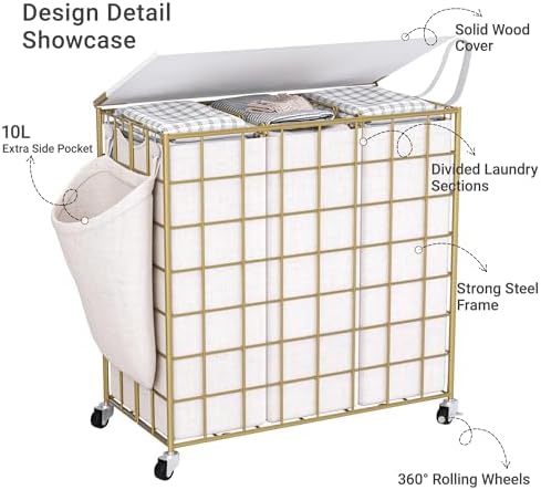Laundry Basket with Wheels, Heavy Duty Laundry Sorter 3 Sections, 140L (37Gal.) Large Capacity Hamper with Wood Lid, 360 Rolling Wheels, Extra Side Pocket, Leather Pull Handle,Golden+Beige - Image 5
