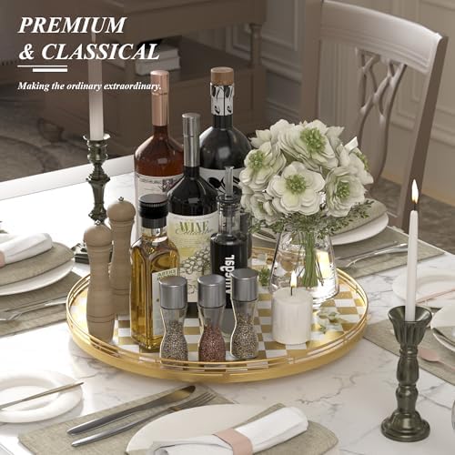 Gold and White Checkerboard Lazy Susan with Rubberwood Base and Metal Rail - Image 3