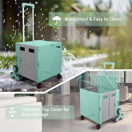 76L Folding Utility Cart Portable Rolling Crate Handcart Shopping Collapsible Tool Box with Stair Climbing Wheels,Hidden Lid,2 Rotate Wheels,for Grocery,Shopping,Office,Storage(White) - Image 7