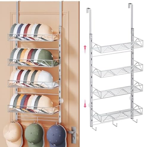 SWTYMIKI Over Door Hat Organizer - 5 Tier Wall Mounted Hat Rack with 4 Adjustable Metal Basket Heights Design and 3 Hooks, Baseball Cap Organizer Storage Holds up to 49 Caps for Door, Bedroom, Closet by SwtyMiki-TidyHomeSweetLife