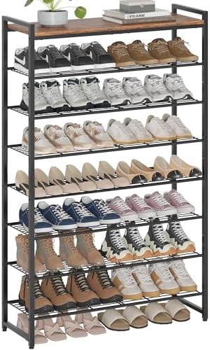 8 Tier Shoe Rack Organizer for 32-40 Pairs, Tall Metal Shoe Storage Shelf with Wood Top, Adjustable Boot Space, Narrow Design for Entryway Closet, Rustic Brown and Black by Unknown