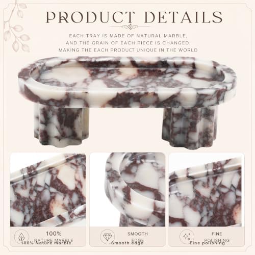 Oval Marble Vanity Tray with Pedestal Legs, Natural Stone Calacatta Viola Countertop Tray for Perfume Jewelry Candles, Footed Catchall Organizer for Bathroom Counter Coffee Table Dresser - Image 4