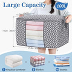 100L 3 Pack Storage Bags, Foldable Clothes Bins with Clear Window, Gray | Blanket Storage Containers with Reinforced Handles for Bedding, Comforters, Clothing, Quilts and Closet Organization - Image 2